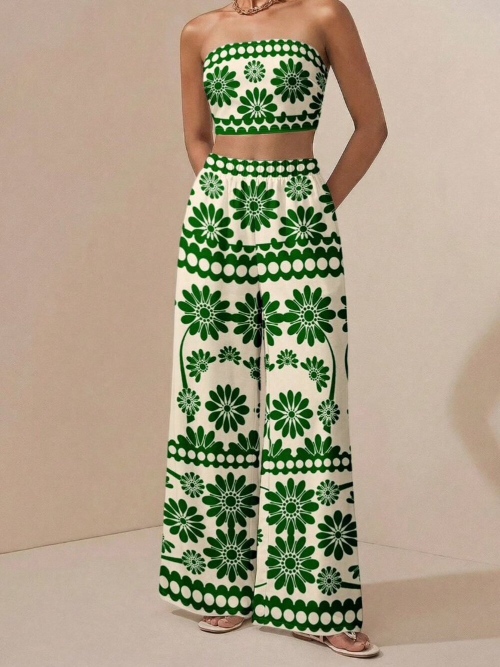 Multicolor Boho Women's Casual Vacation Beach Print Bandeau Top & Pants Set